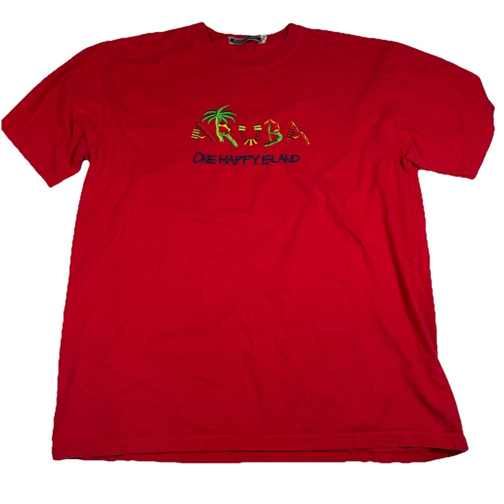 Vintage Professional Aruba One Happy‎ Island T-Shirt Men's XL Red Embroidered